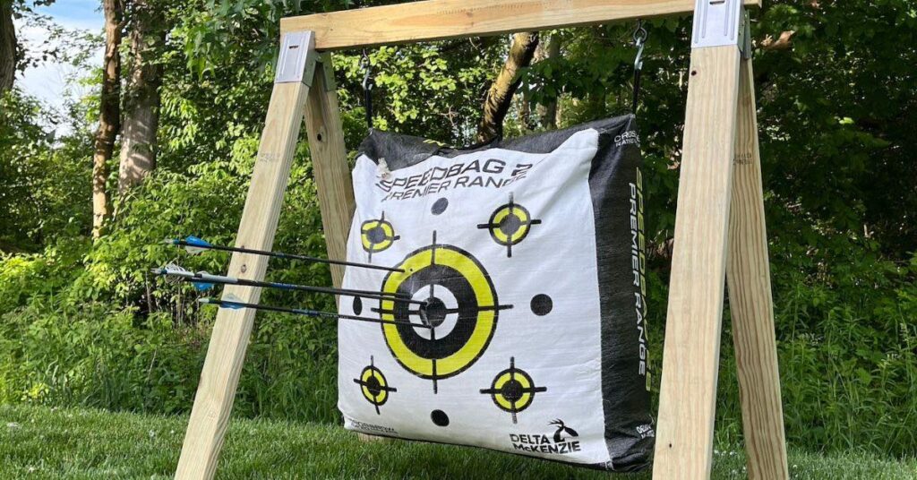 Speedbag 28 target hanging on wooden structure
