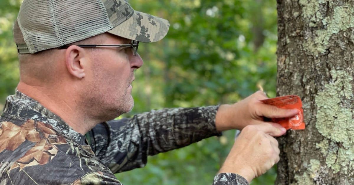 Hunter etching his deer tag with a utility knife