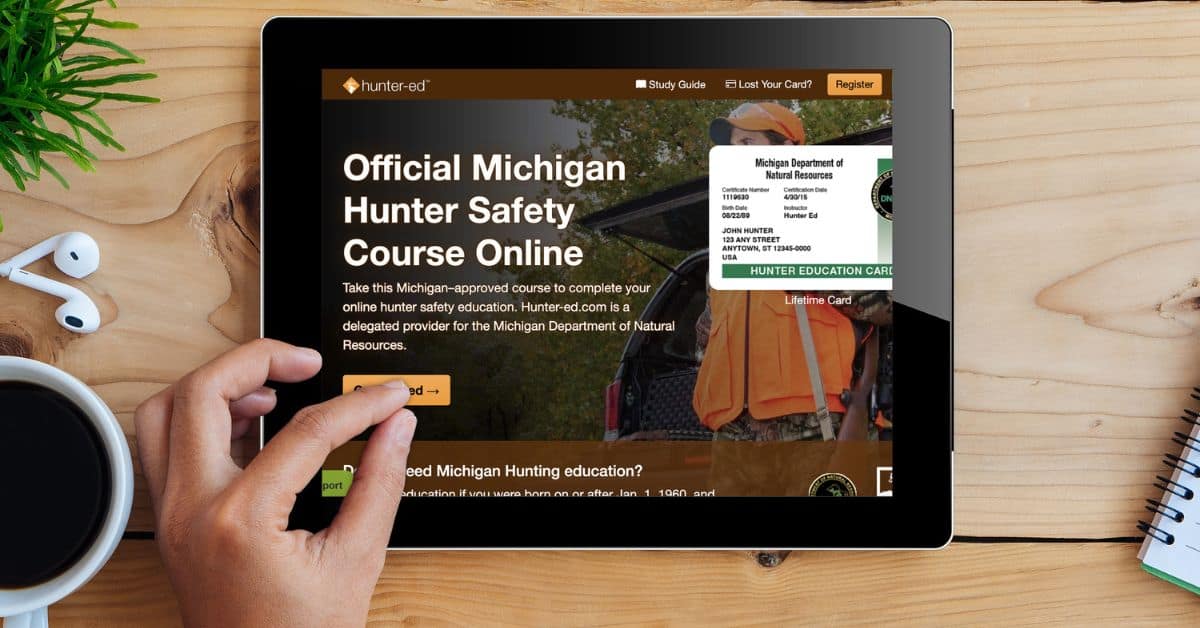 An ipad with the Michigan Hunter Safety Course online showing on the screen.