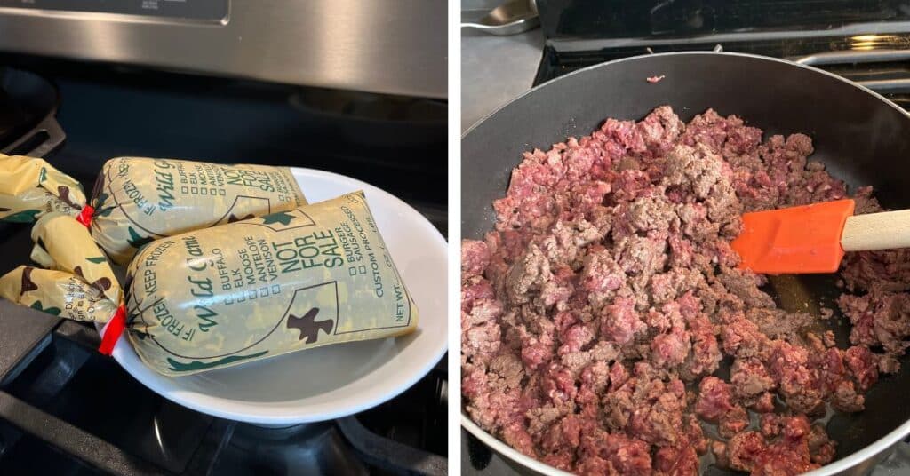 Ground venison thawing and browning in pan