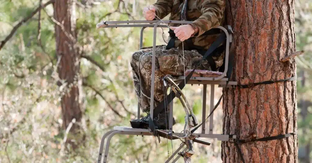 Bow hunter sitting in ladder stand. 