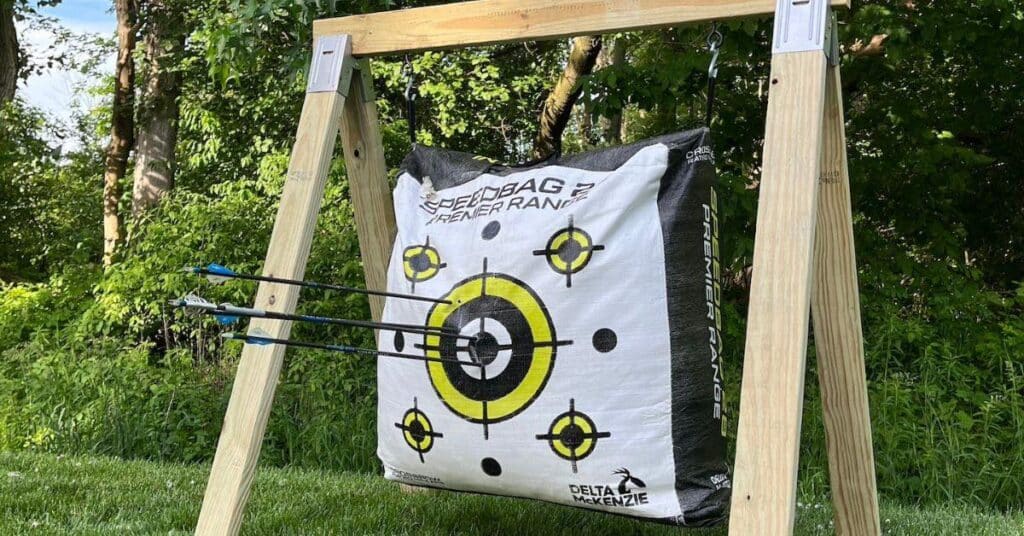 Speedbag 28 target hanging on wooden structure