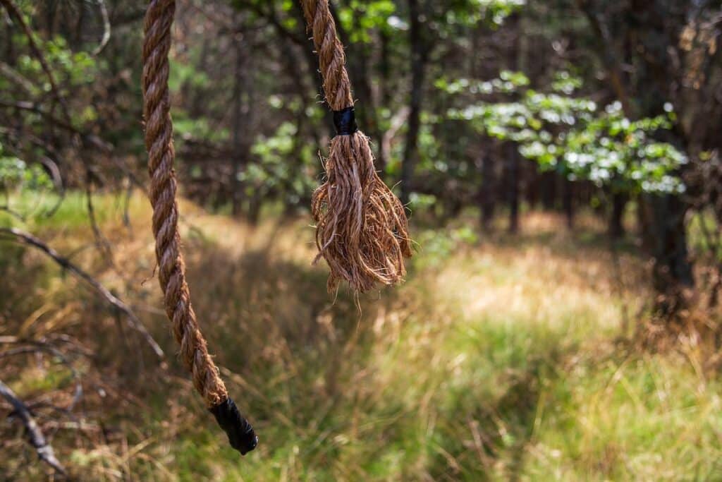 Manila rope with black electrical tape on one end and frayed ends on the other