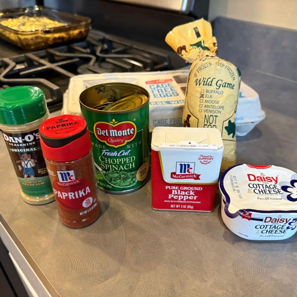 Ingredients for elk and spinach egg bake